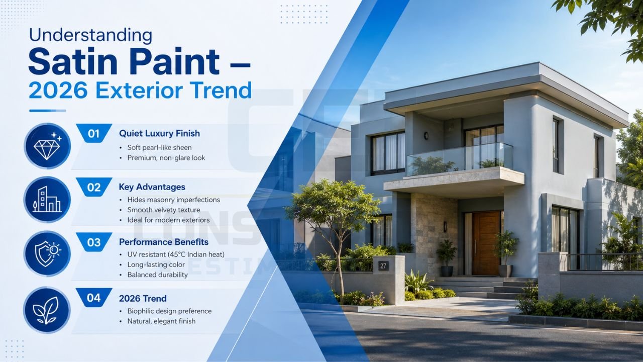 Satin exterior paint trend infographic showing benefits, durability, and modern architectural applications