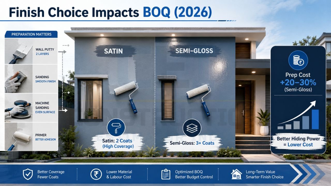 Exterior paint BOQ infographic showing satin vs semi-gloss coating costs and preparation requirements