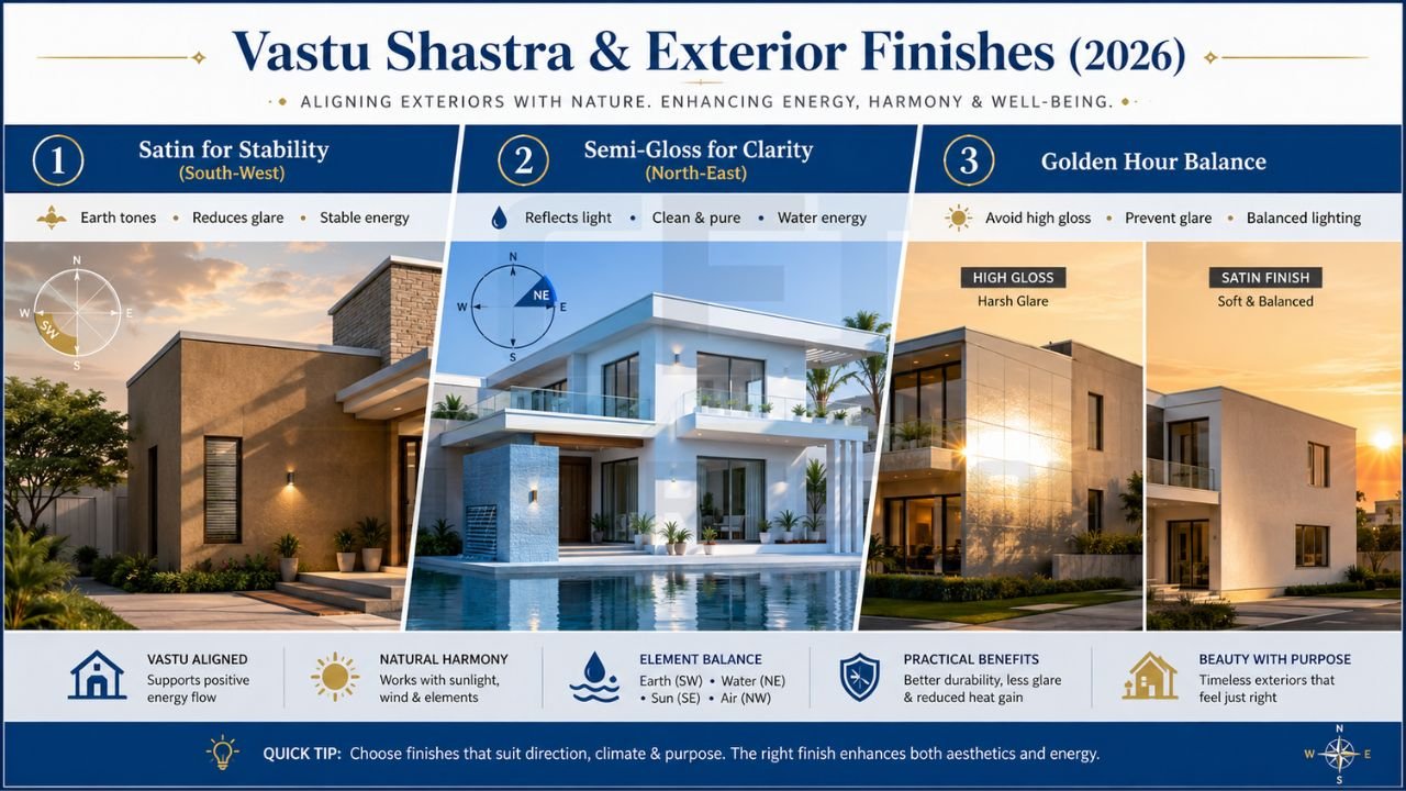 Vastu-based exterior paint finish guide comparing satin and semi-gloss finishes for modern Indian homes
