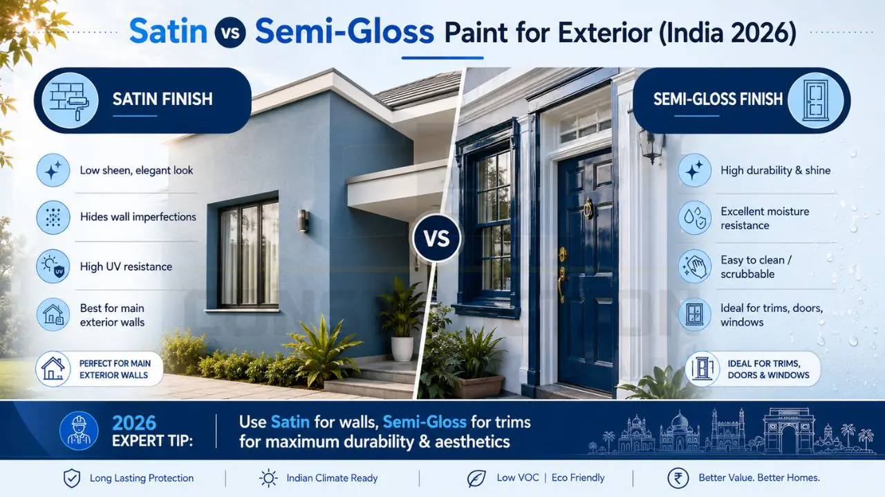 Exterior paint comparison infographic between satin and semi-gloss finishes for walls, trims, doors, and windows