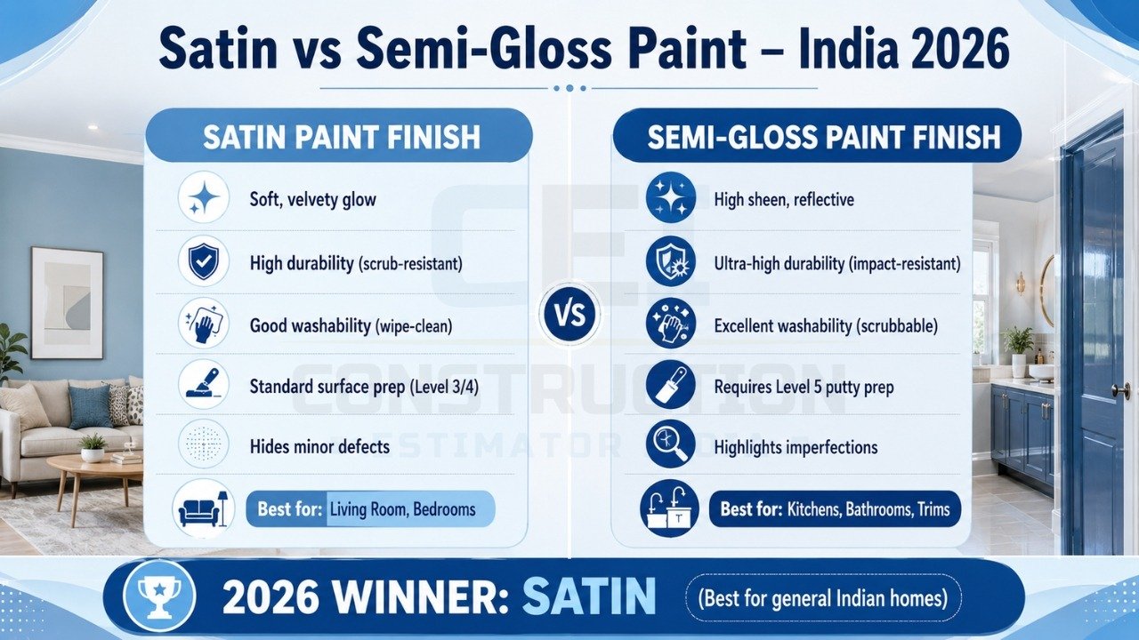 Satin vs semi-gloss paint comparison India 2026 showing durability, finish, and best use