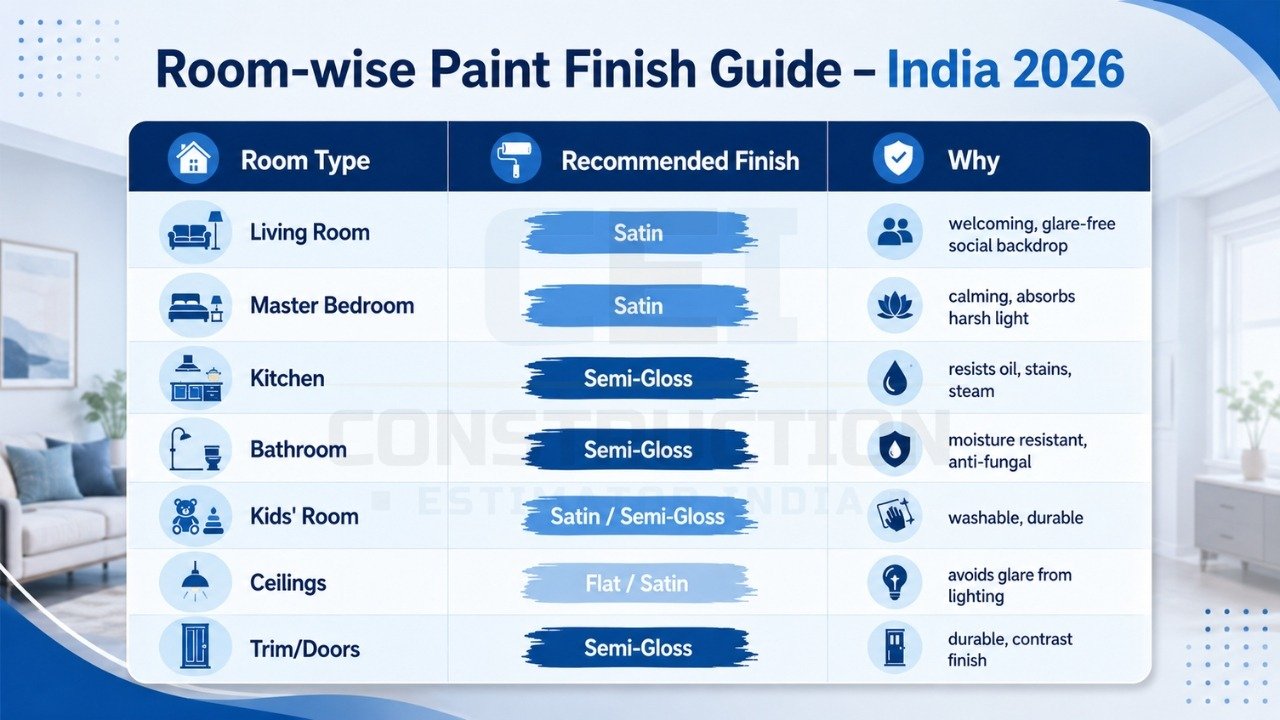 Room-wise paint finish guide India 2026 with satin, semi-gloss, and flat finish recommendations