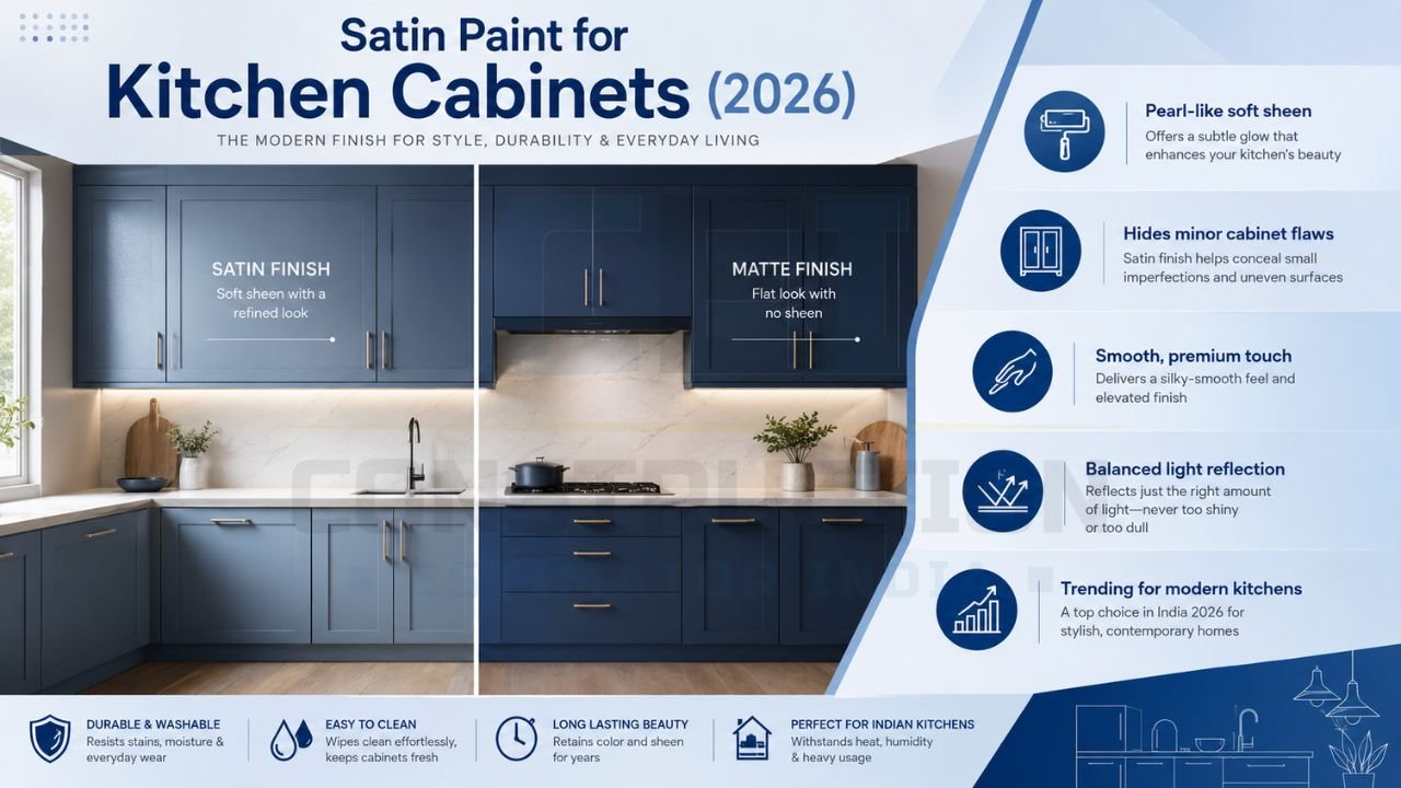 Satin kitchen cabinet finish infographic highlighting durability, smooth sheen, and premium modern design