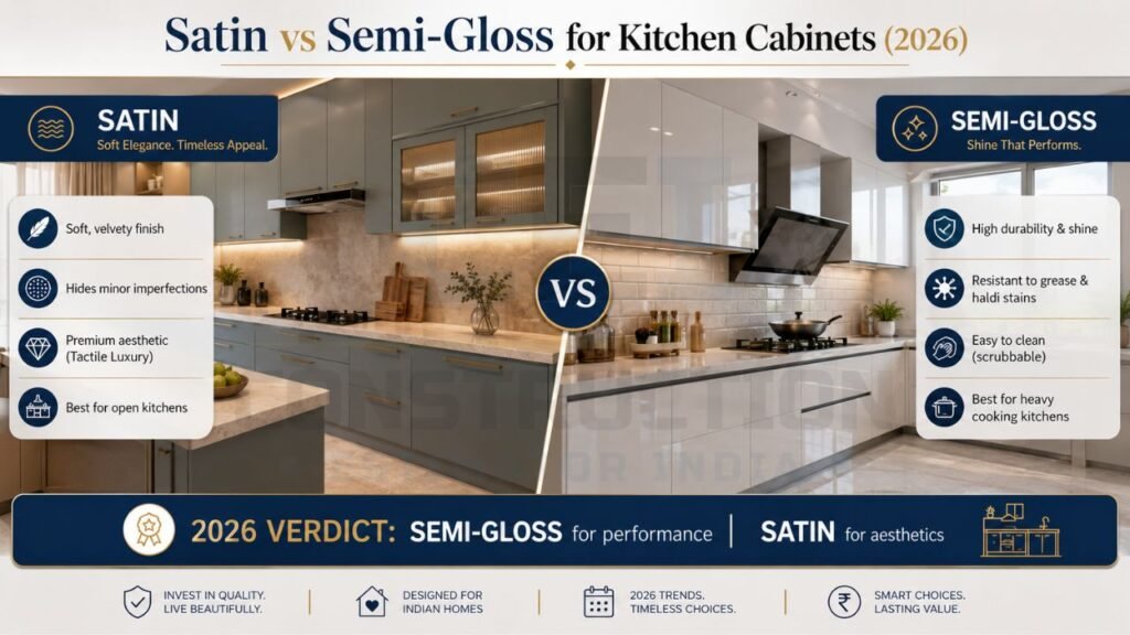 Comparison infographic between satin and semi-gloss kitchen cabinet finishes for durability, aesthetics, and maintenance