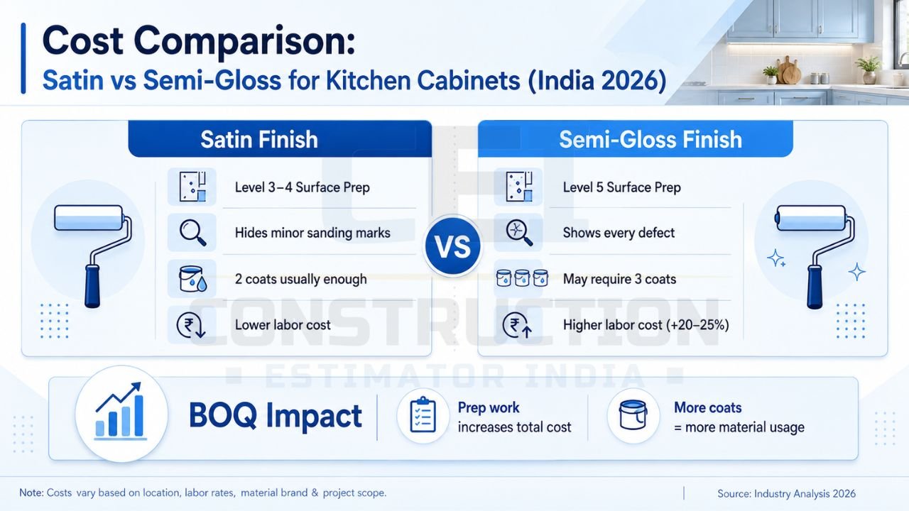 Kitchen cabinet paint cost comparison infographic showing satin versus semi-gloss finish preparation and BOQ impact