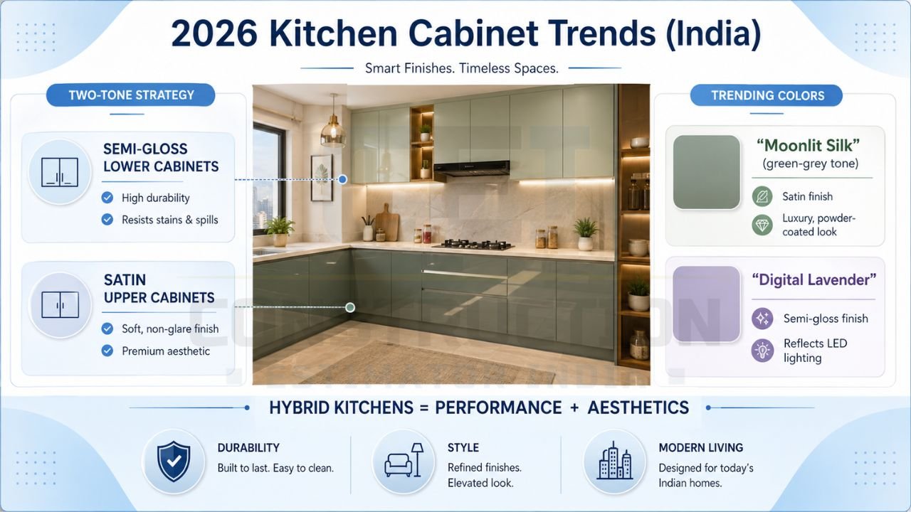 Modern Indian kitchen cabinet trend infographic featuring satin and semi-gloss cabinet finishes with trending colors