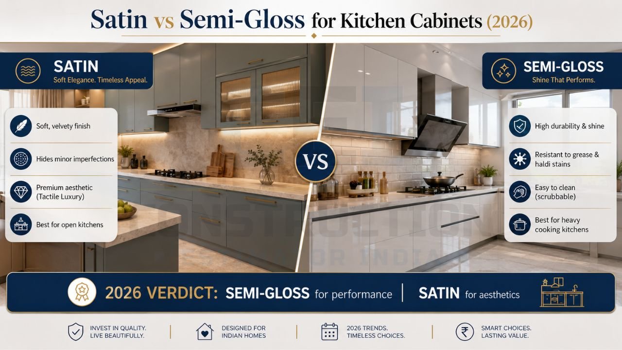Comparison infographic between satin and semi-gloss kitchen cabinet finishes for durability, aesthetics, and maintenance