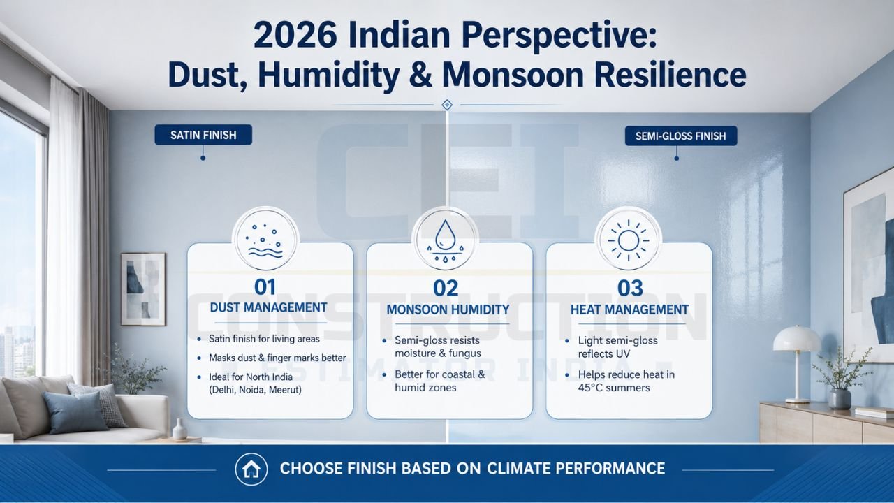 Interior wall paint infographic explaining satin and semi-gloss performance against dust, humidity, and Indian climate conditions