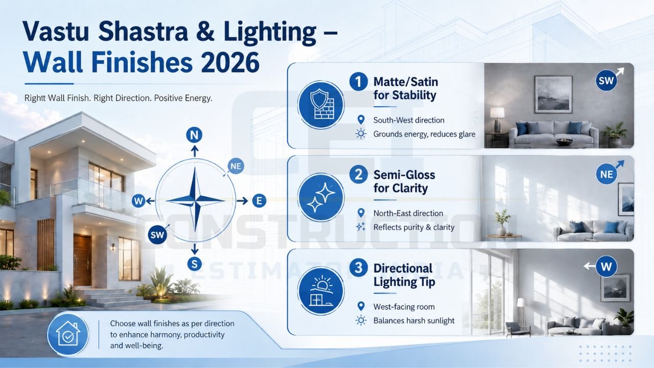 Vastu Shastra wall finish infographic showing satin, matte, and semi-gloss paint recommendations based on room direction