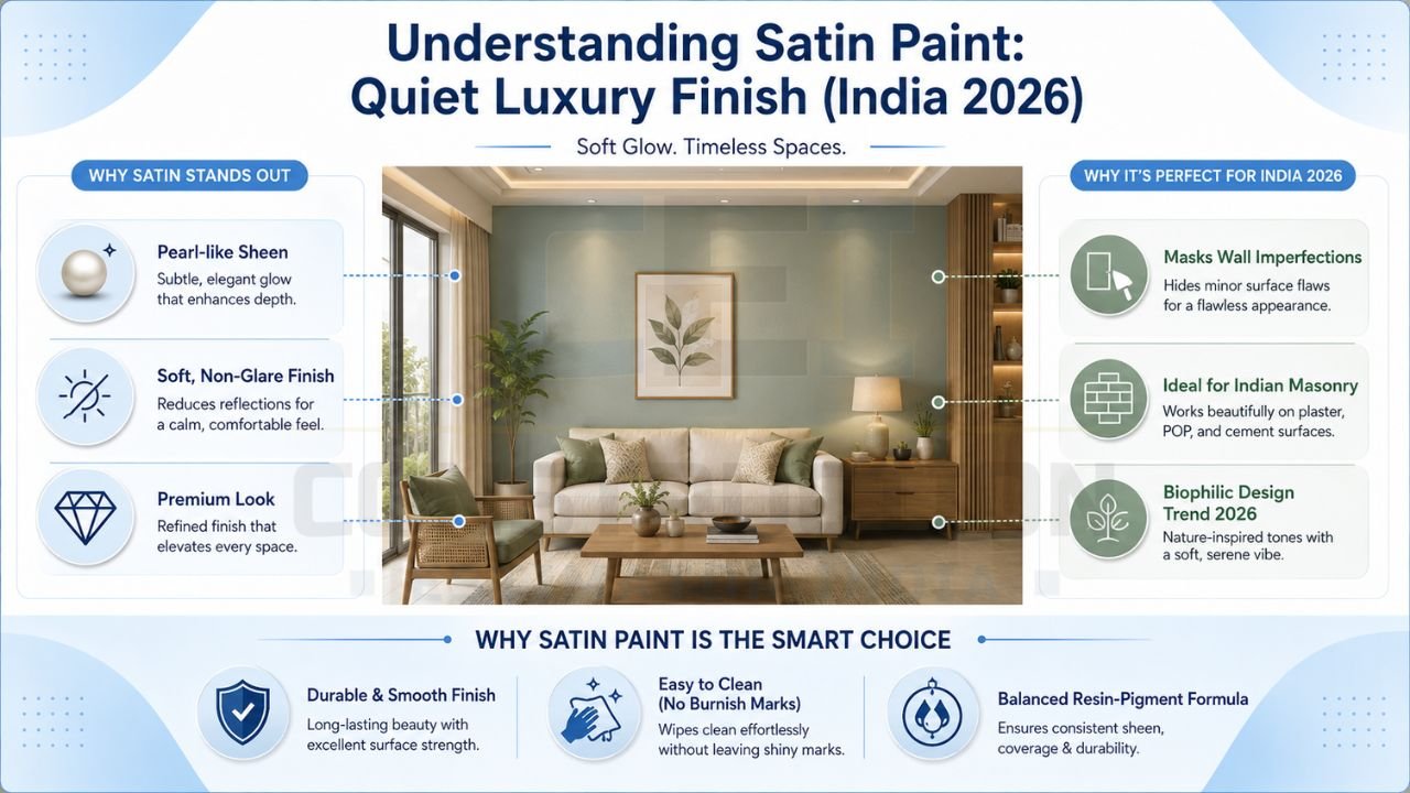 Satin paint infographic showing elegant wall finish benefits for modern Indian living rooms and interiors