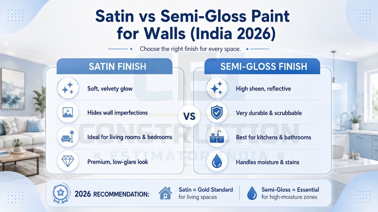 Comparison infographic between satin and semi-gloss wall paint finishes for durability, appearance, and room suitability