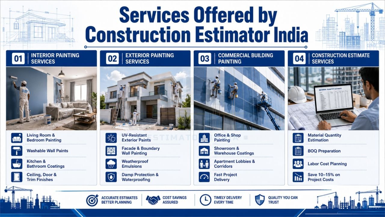 Services offered by Construction Estimator India including interior painting, exterior painting, commercial building painting, quantity takeoff, BOQ preparation, and construction estimating services