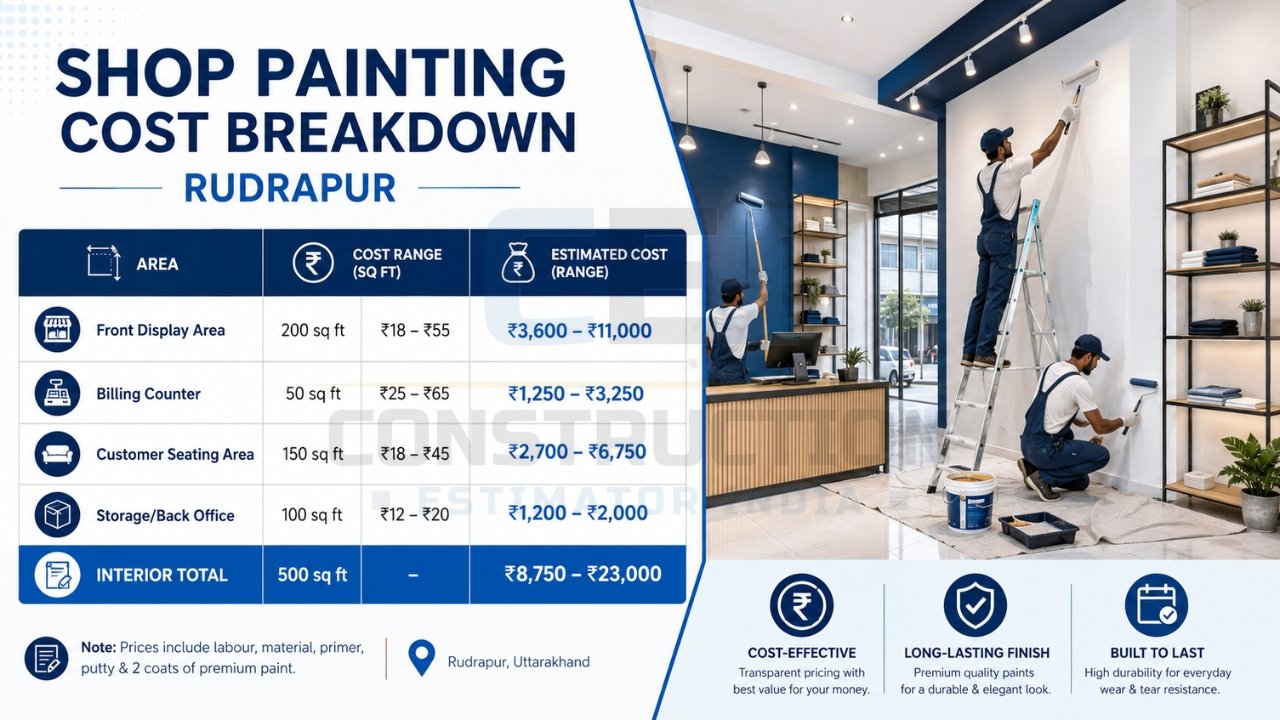 Shop painting cost breakdown Rudrapur showing front display, billing counter, seating area, and storage costs with total estimate