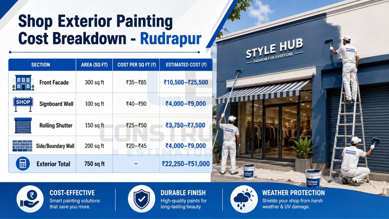 Shop exterior painting cost breakdown Rudrapur showing facade, signboard, shutter, and boundary wall costs with total estimate