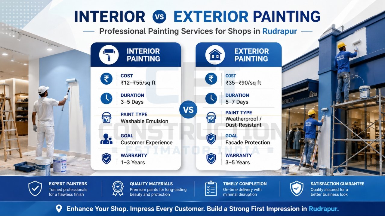 Interior vs exterior painting comparison for shops in Rudrapur showing cost per sq ft, duration, paint types, and warranty