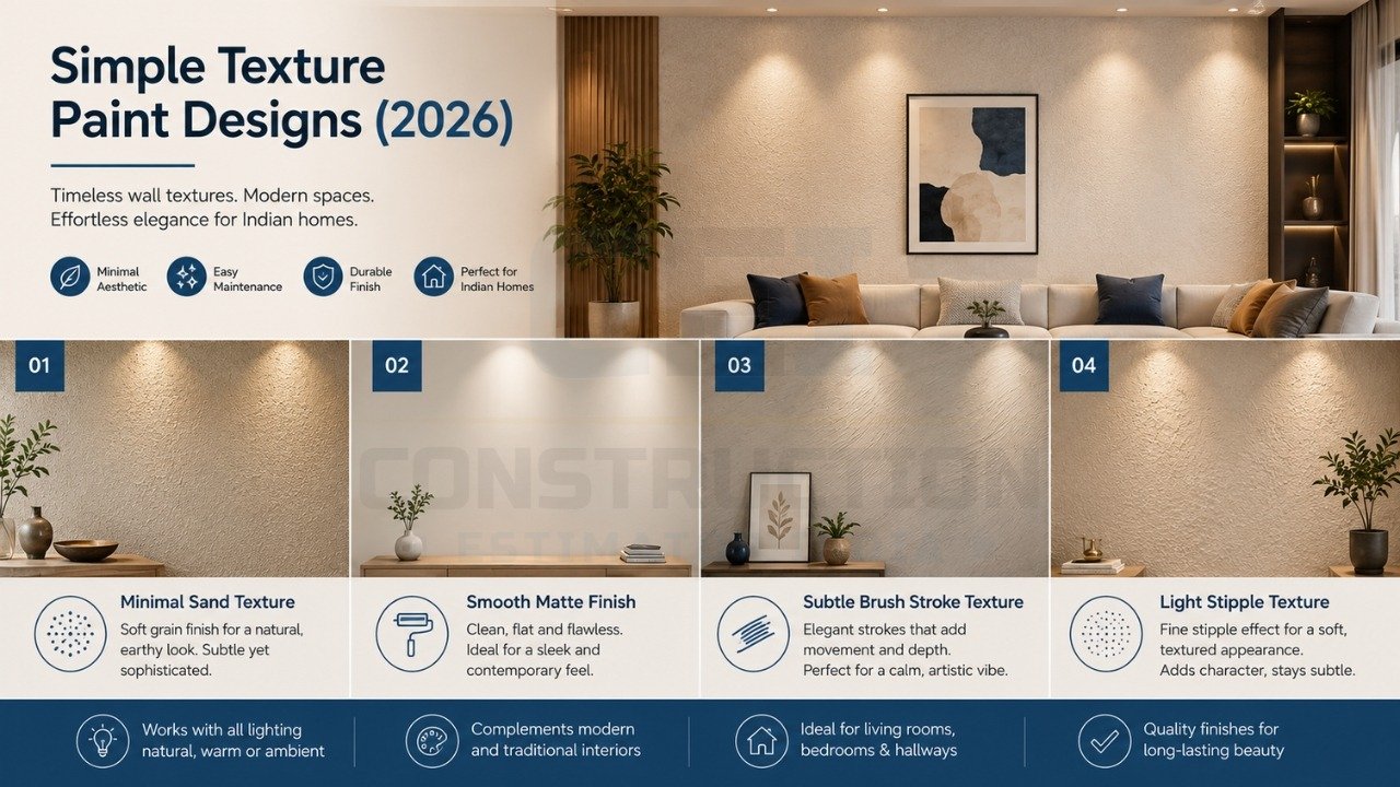 Simple texture paint designs 2026 featuring sand, matte, brush stroke, and stipple wall finishes in modern living room