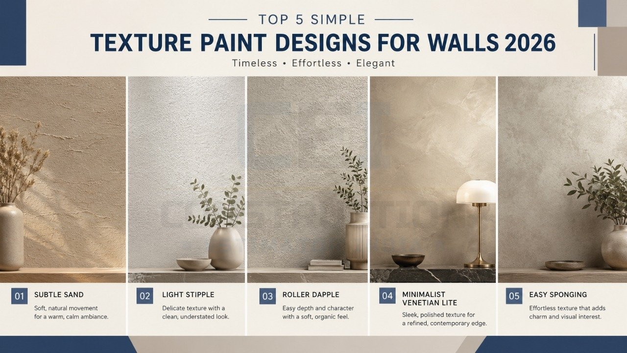 Top 5 simple texture paint designs for walls 2026 including sand, stipple, roller dapple, Venetian, and sponging finishes