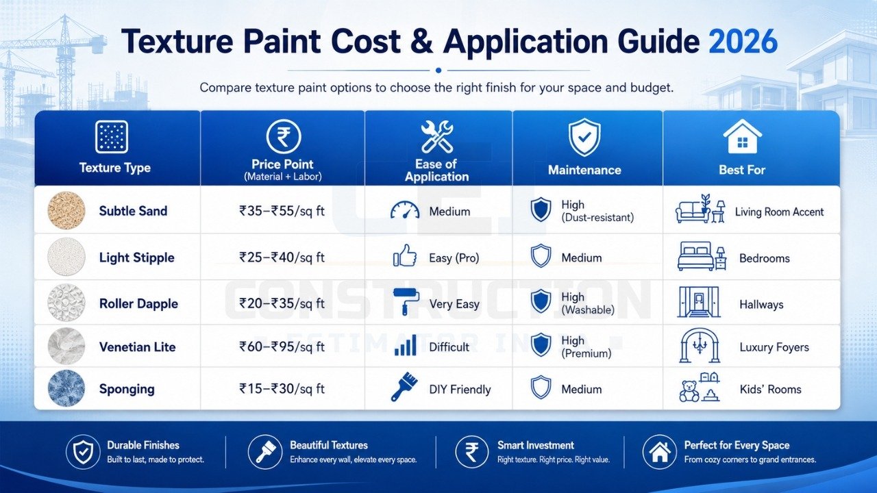 Texture paint cost and application guide 2026 comparing sand, stipple, dapple, Venetian, and sponging finishes
