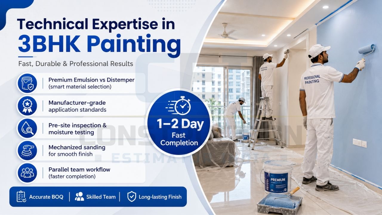 Technical expertise in 3BHK painting services with premium emulsion, moisture testing, mechanized sanding, skilled painters, and fast painting completion.