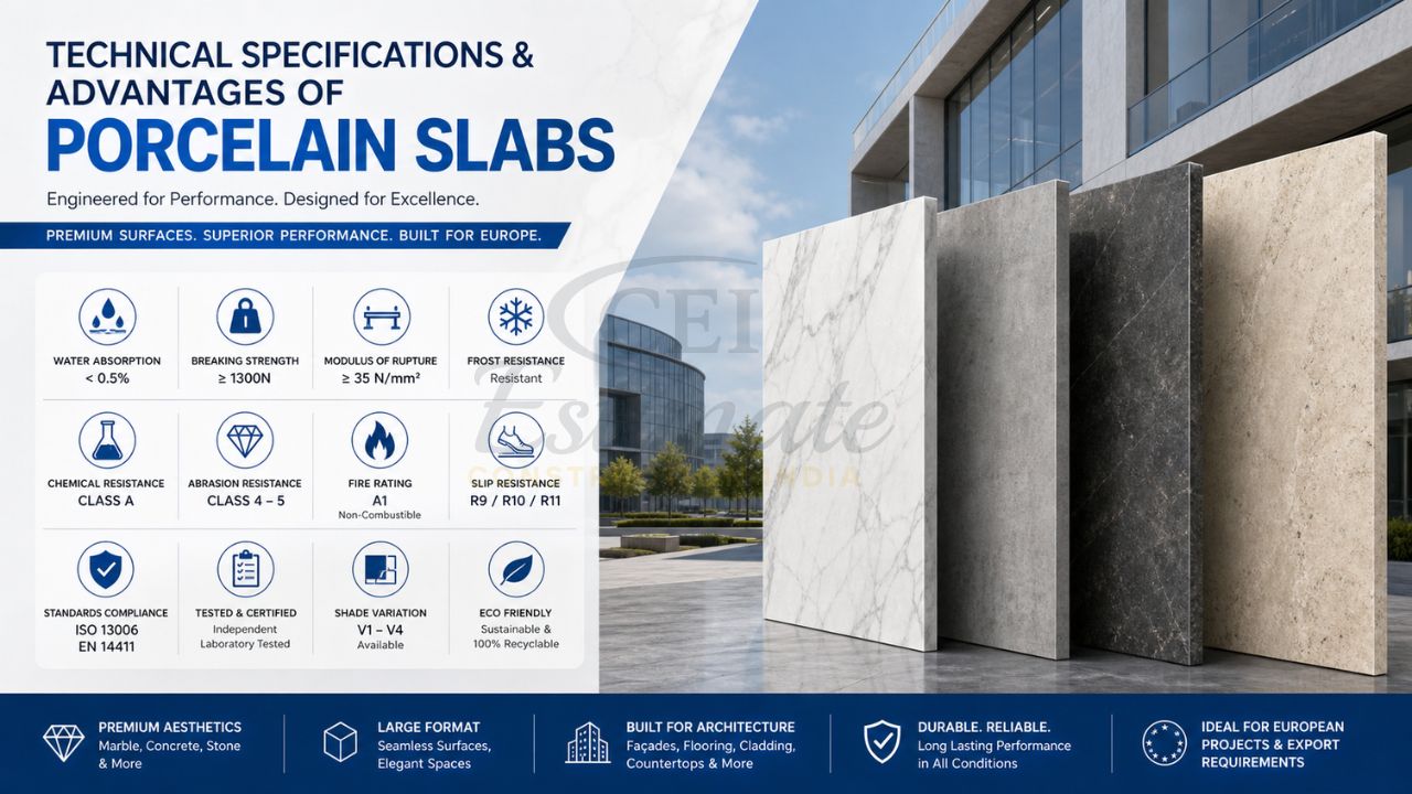 Technical specifications and advantages of porcelain slabs showing water absorption, strength, frost resistance, slip resistance and large format slab applications