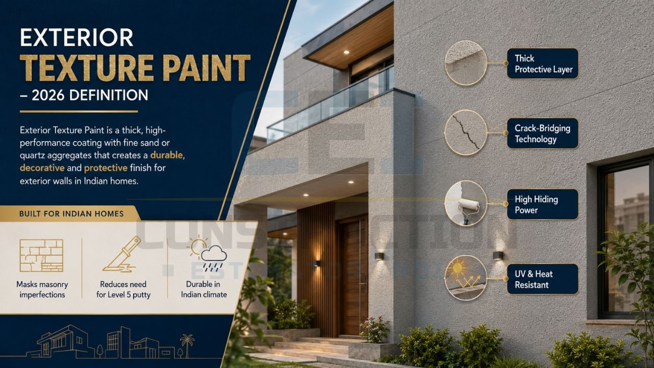 Exterior texture paint infographic showing crack-bridging technology, UV resistance, and durable protective coatings for Indian homes