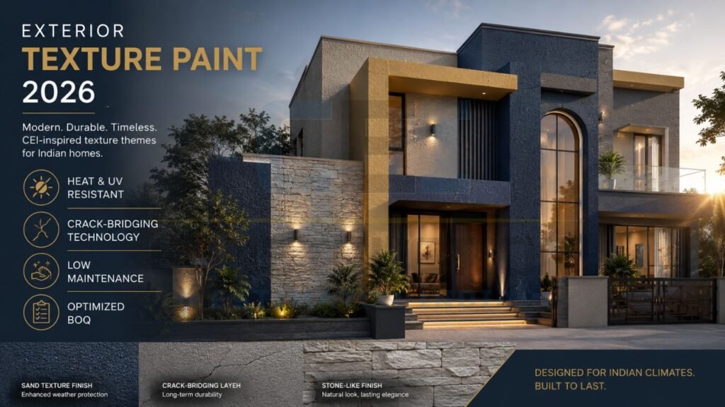 Luxury modern house exterior with texture paint finishes, UV protection, crack resistance, and low-maintenance wall coatings
