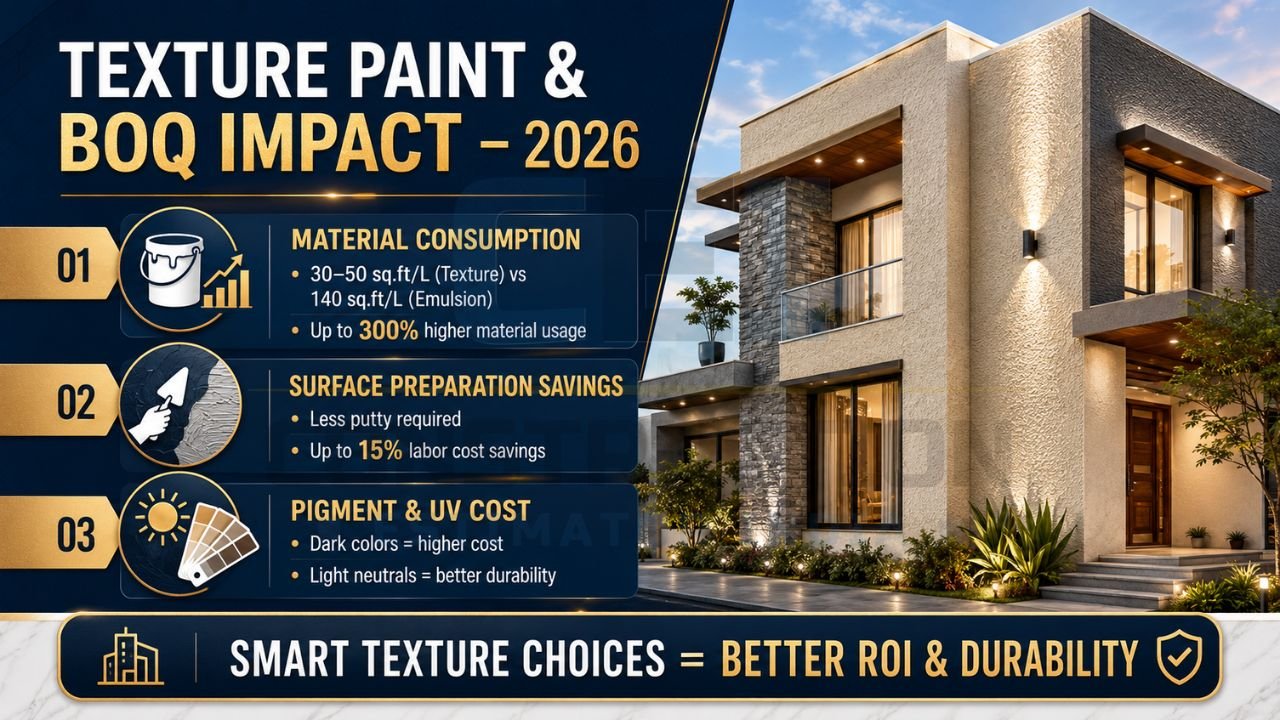 Texture paint BOQ impact infographic showing material consumption, labor savings, and exterior texture paint cost analysis