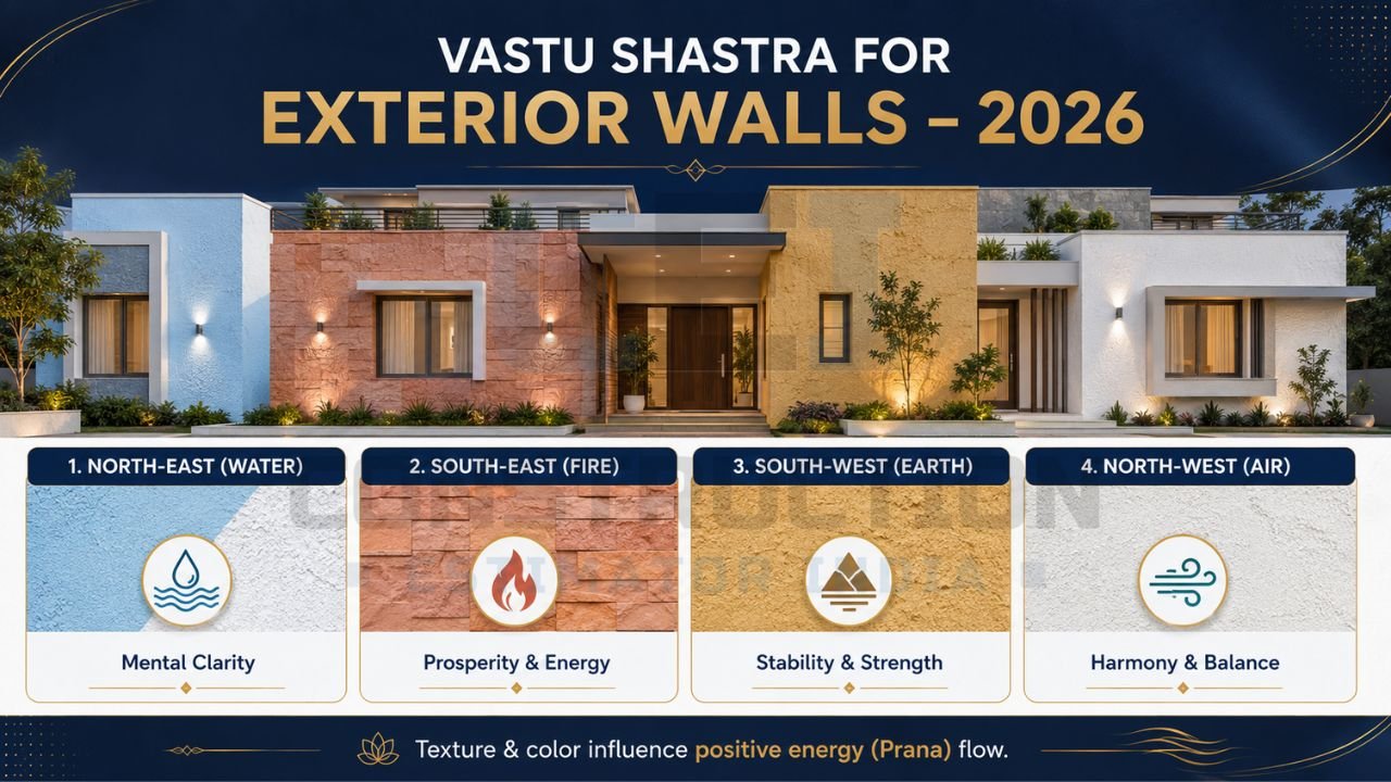 Modern home exterior infographic showing Vastu Shastra wall colors and textures for north-east, south-east, south-west, and north-west directions
