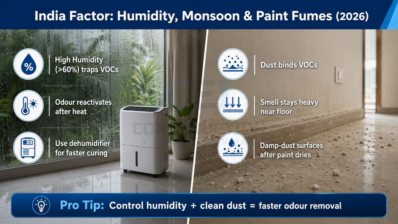 Infographic showing how humidity, monsoon weather, dust, and VOC paint fumes affect indoor air quality in Indian homes