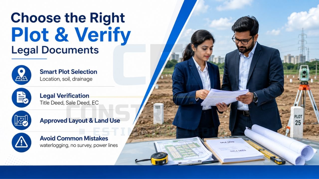 Plot selection and legal verification guide showing land document review, title deed verification, approved layouts, land use compliance, and site surveying before construction.