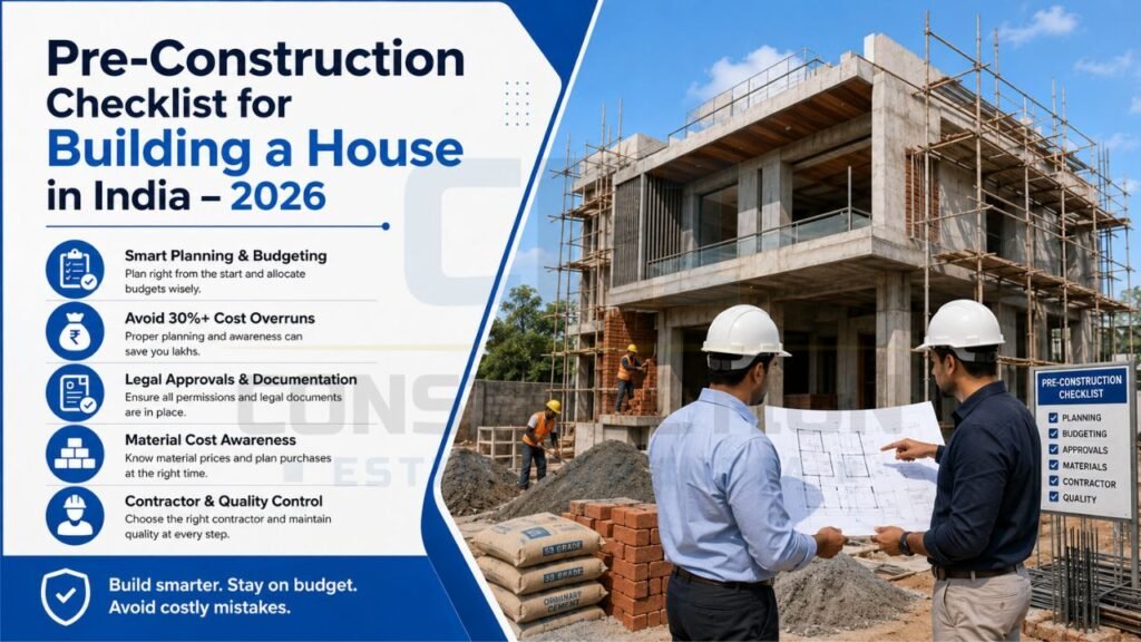 Pre-construction planning checklist showing budgeting, legal approvals, contractor selection, material cost planning, and quality control before starting house construction.