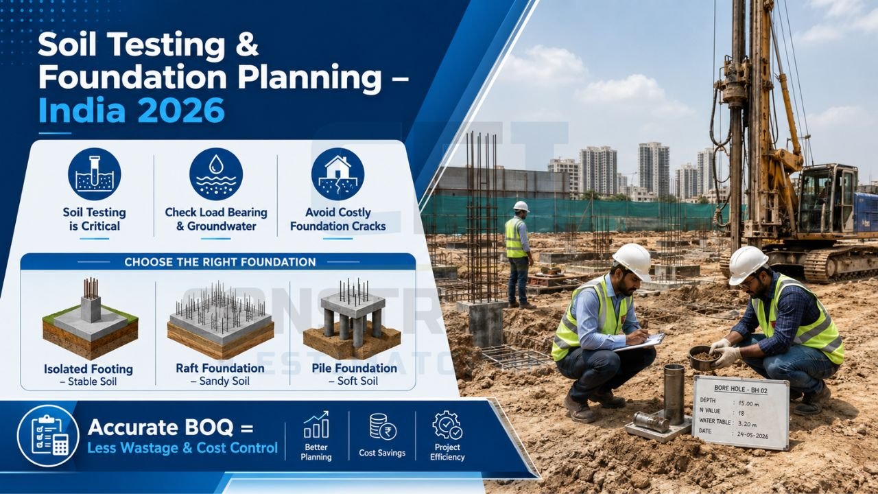 Soil testing and foundation planning guide showing site investigation, load-bearing analysis, groundwater testing, isolated footing, raft foundation, and pile foundation selection.
