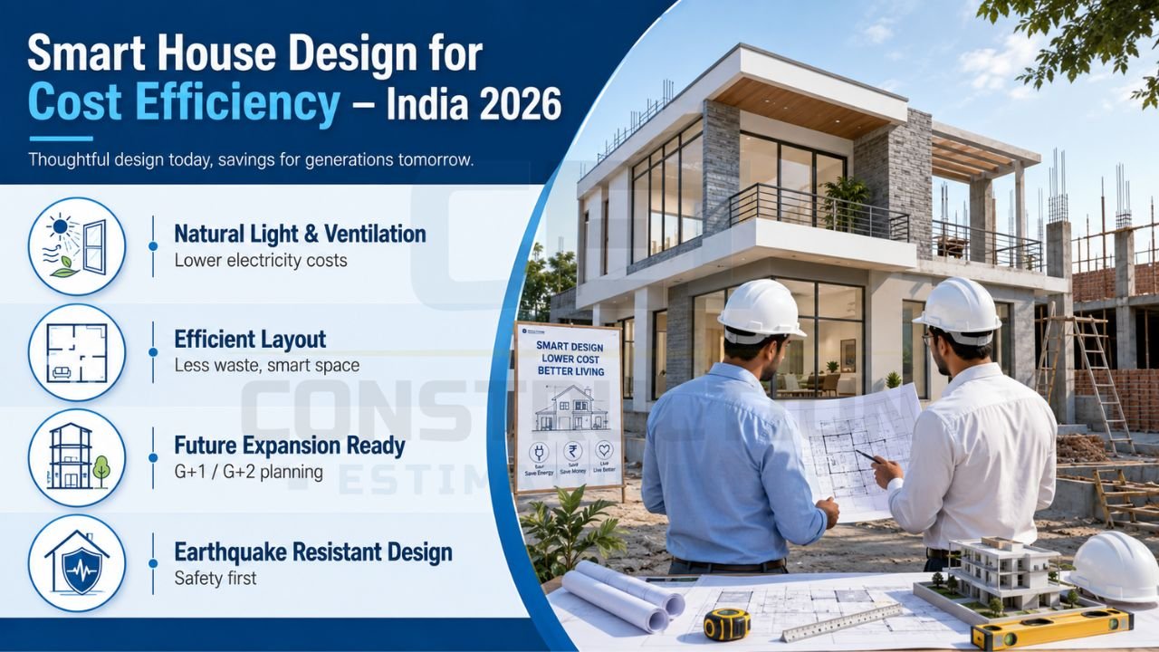 Modern cost-efficient house design infographic featuring natural lighting, ventilation, efficient floor planning, future expansion readiness, and earthquake-resistant construction.