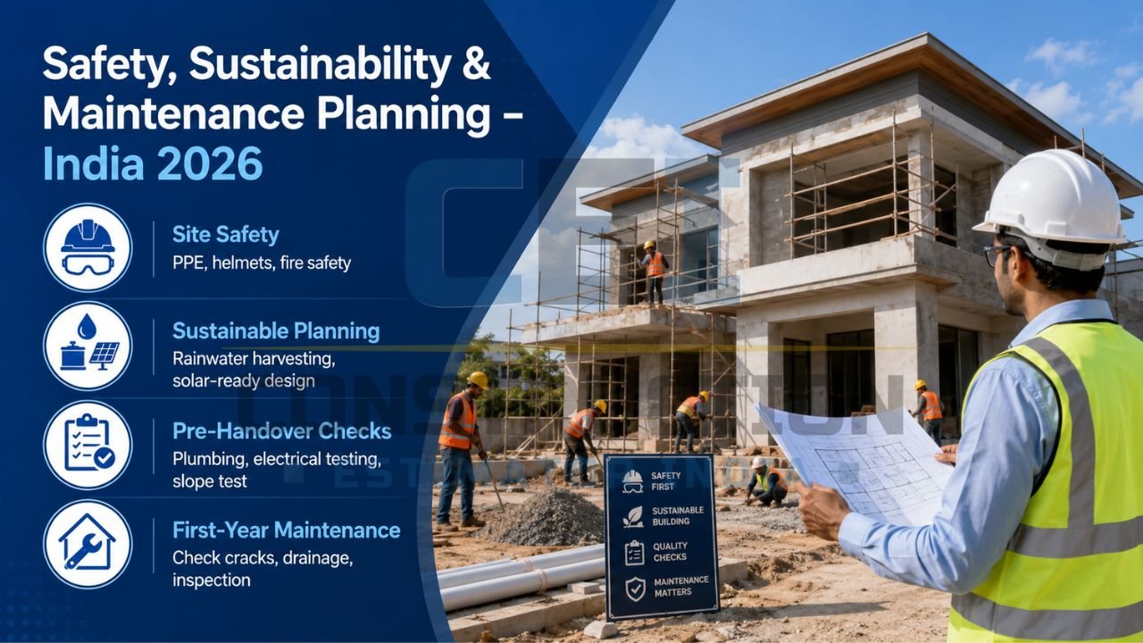 Construction site safety and sustainability planning infographic showing PPE safety measures, rainwater harvesting, solar-ready home design, pre-handover inspections, and first-year home maintenance planning in India.