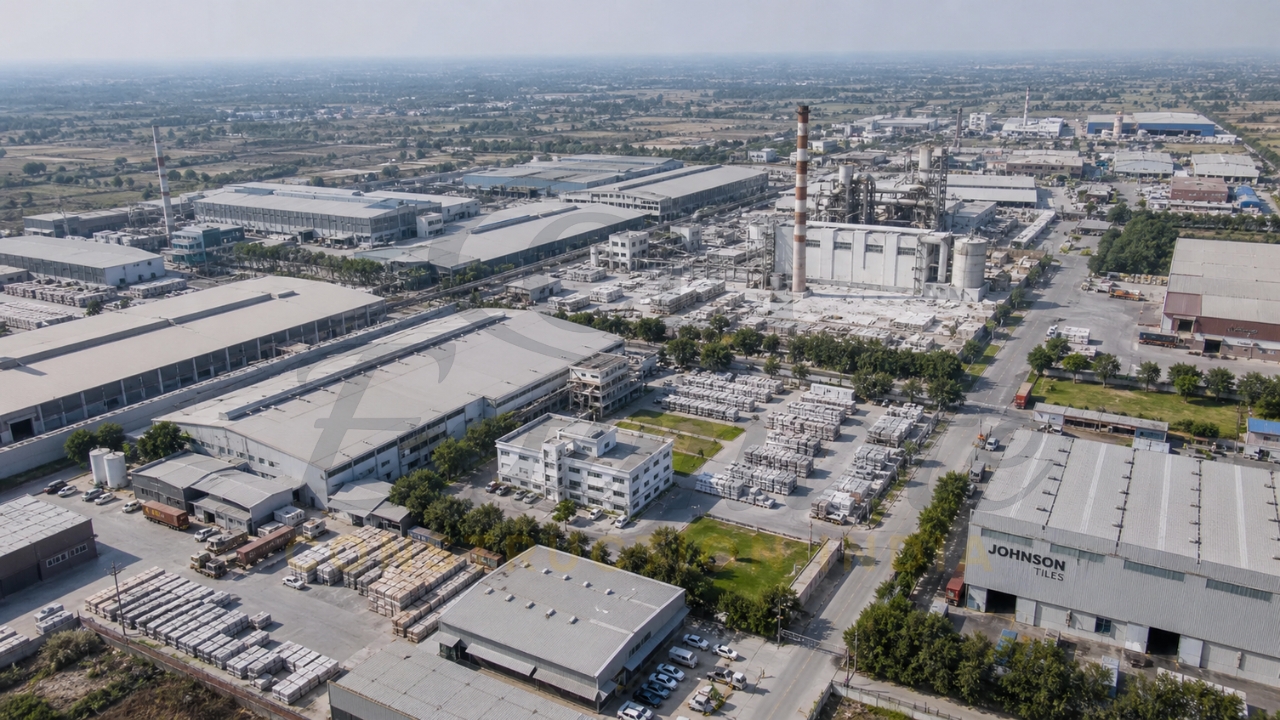 Aerial view of modern tile manufacturing plants in Morbi Gujarat – India's tile export hub