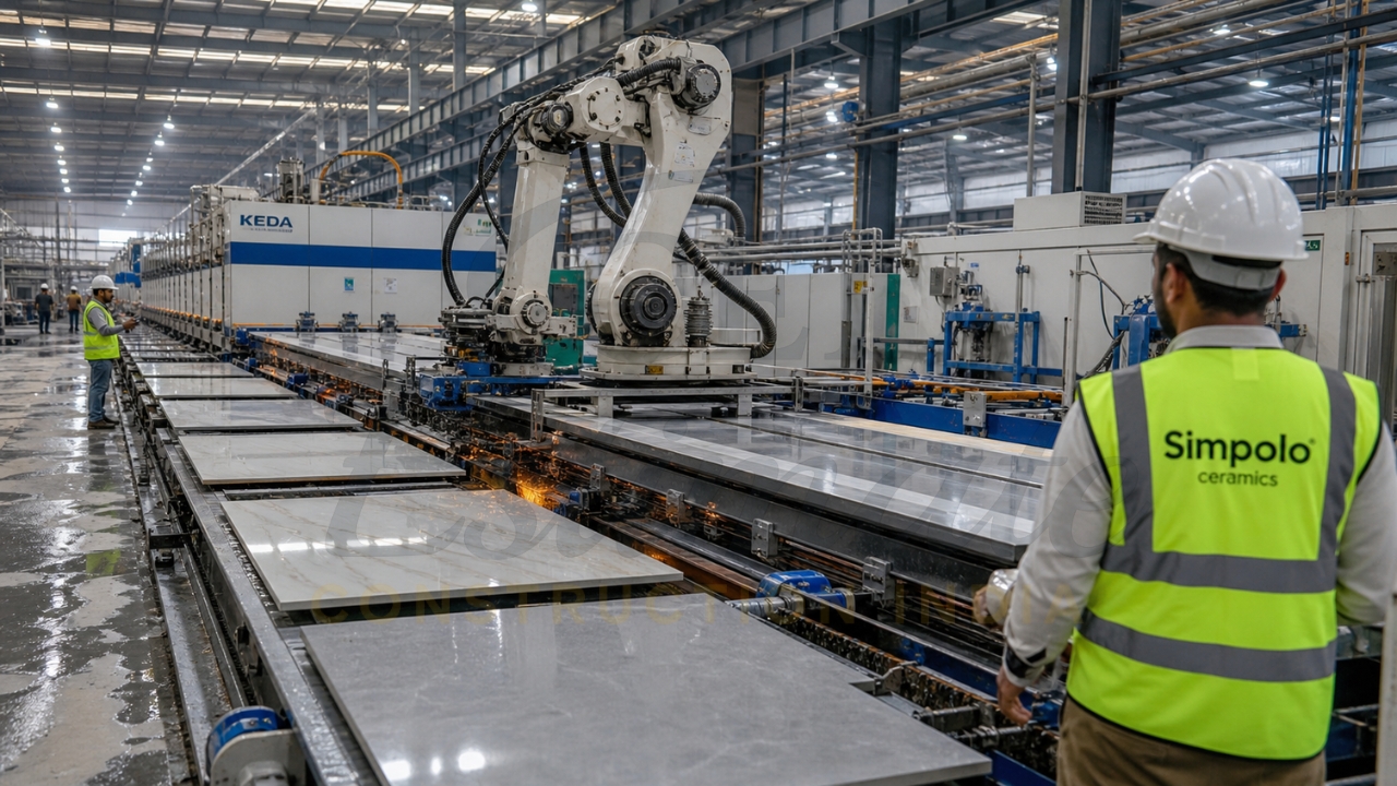 High-gloss and matte finish porcelain tiles on automated production line in Morbi