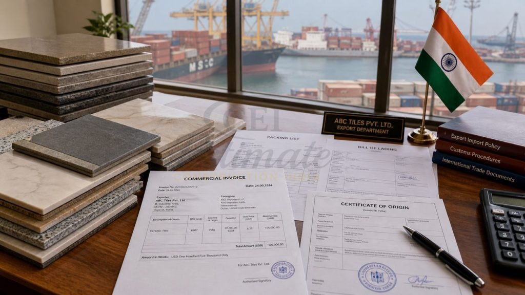 Ceramic tiles export documentation from India including commercial invoice, packing list, bill of lading and certificate of origin