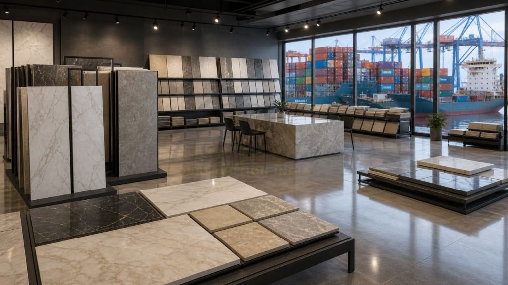 ceramic tiles showroom India export display large format porcelain tiles price per square meter global supply