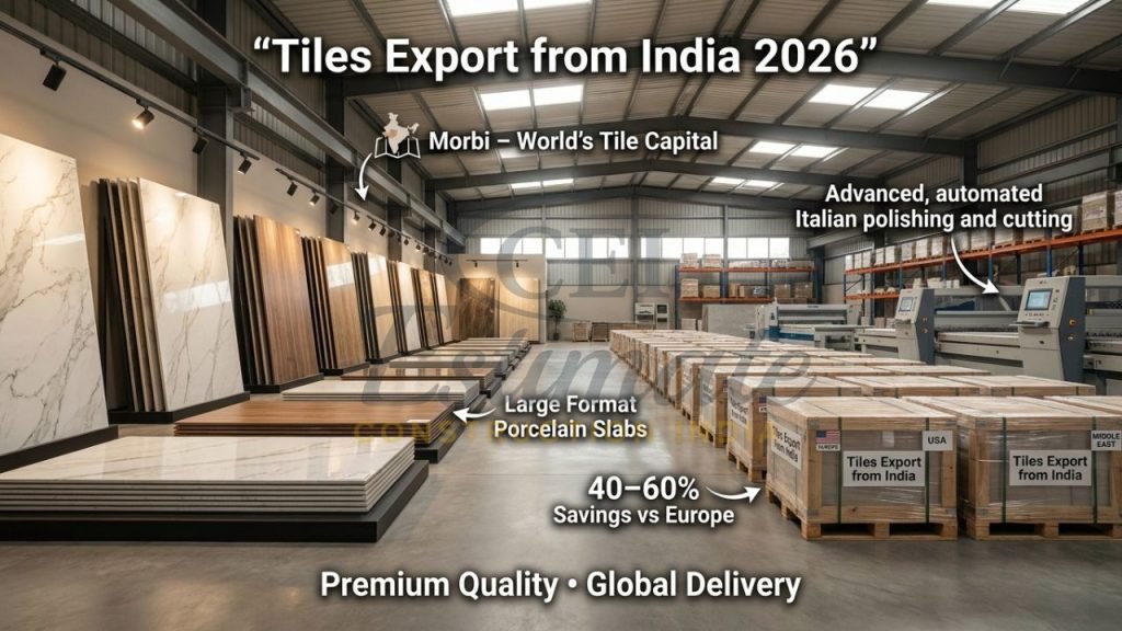 Premium large-format porcelain tiles and ceramic collections ready for global export from Morbi, India