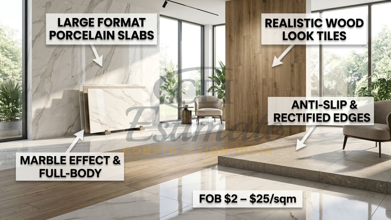 Large format porcelain slabs, wood look tiles, and marble effect collections from Morbi