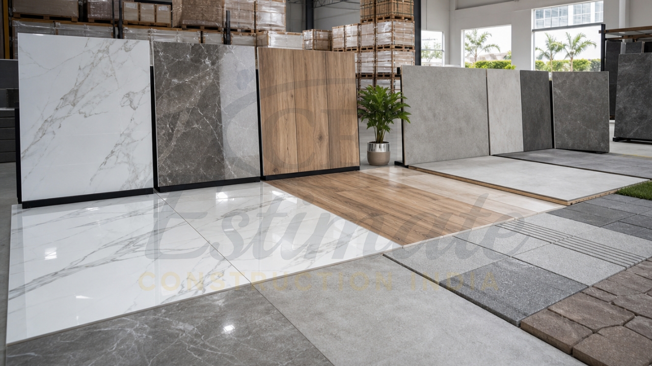 Popular Indian tiles for Canadian market – marble-look GVT, wood-look porcelain, concrete-look slabs, anti-slip outdoor pavers