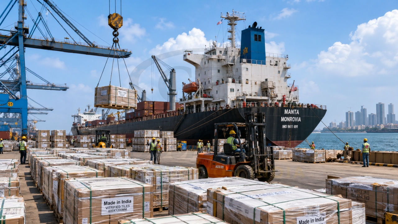 Cargo ship loading vitrified tiles at port in India for export with cranes and workers handling shipments.