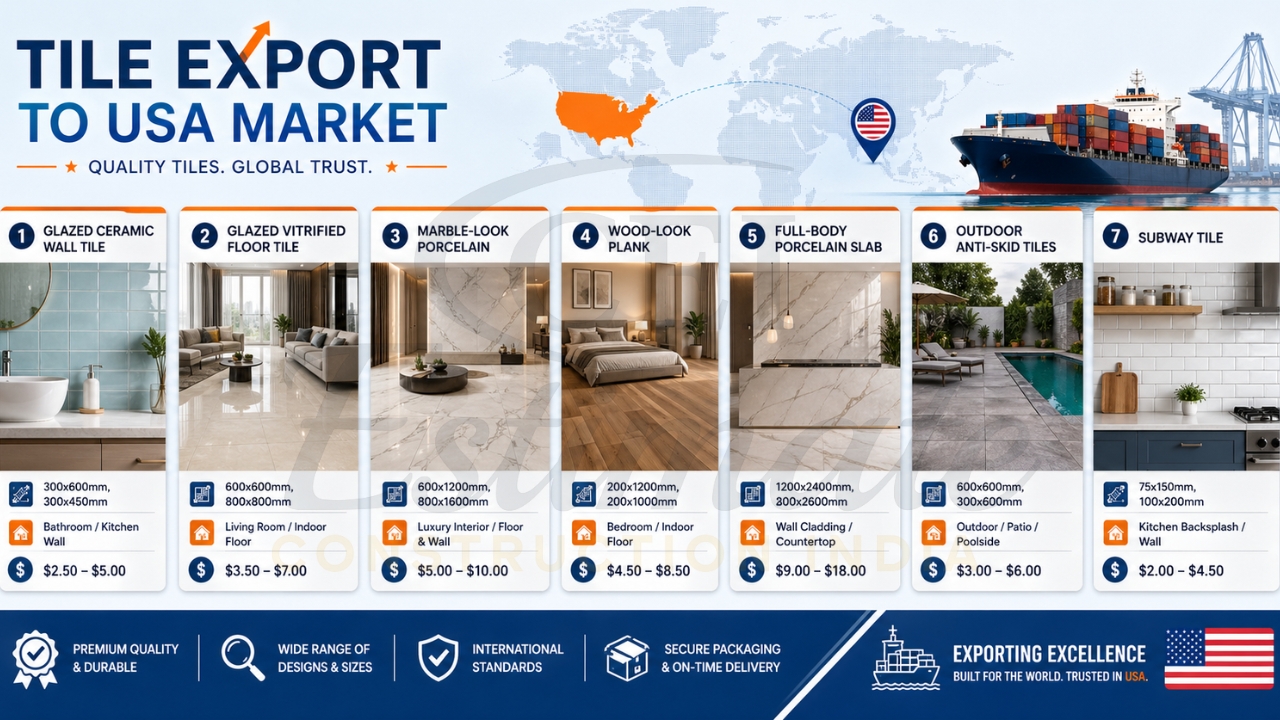 Tile export to USA market infographic showing different tile types, sizes, uses, and pricing from India.
