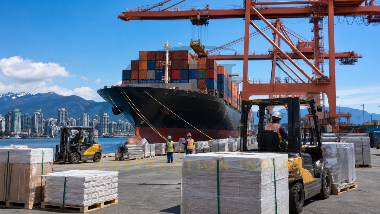 Container ship being loaded with tile pallets at a port using cranes and forklifts for export.