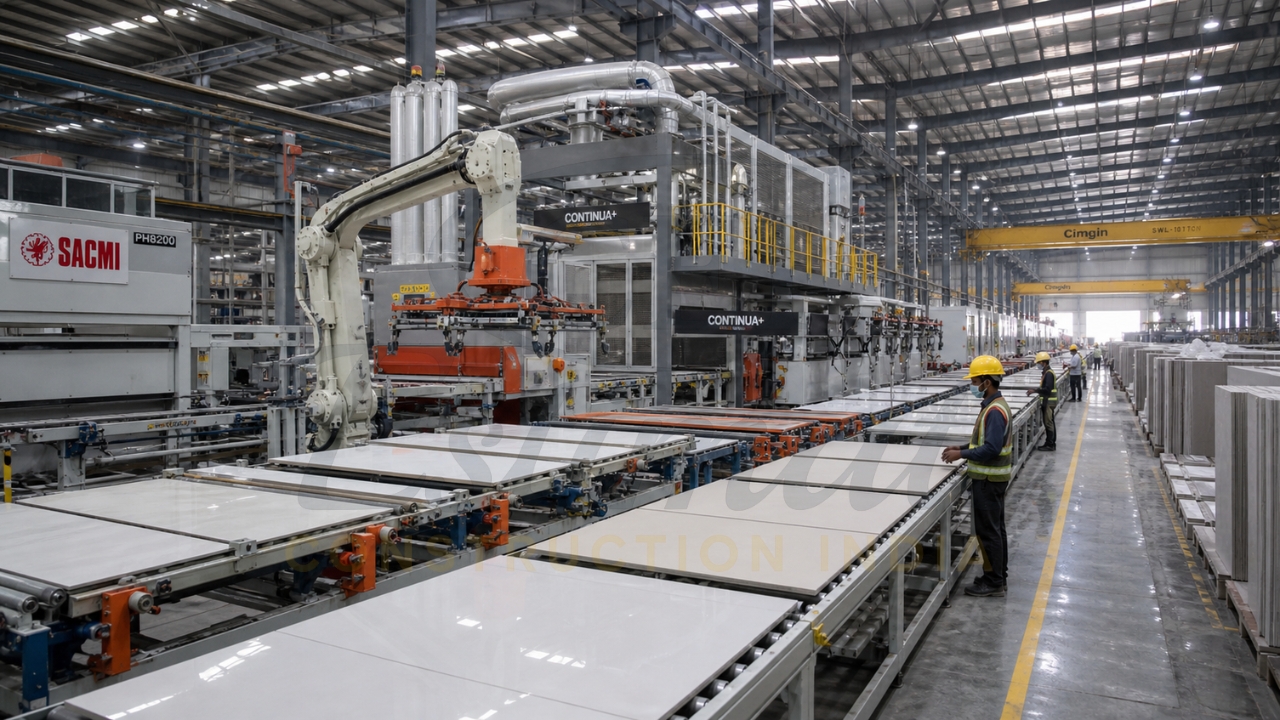 Automated ceramic tile manufacturing line with robotic arms and large-format tiles being processed in a factory.