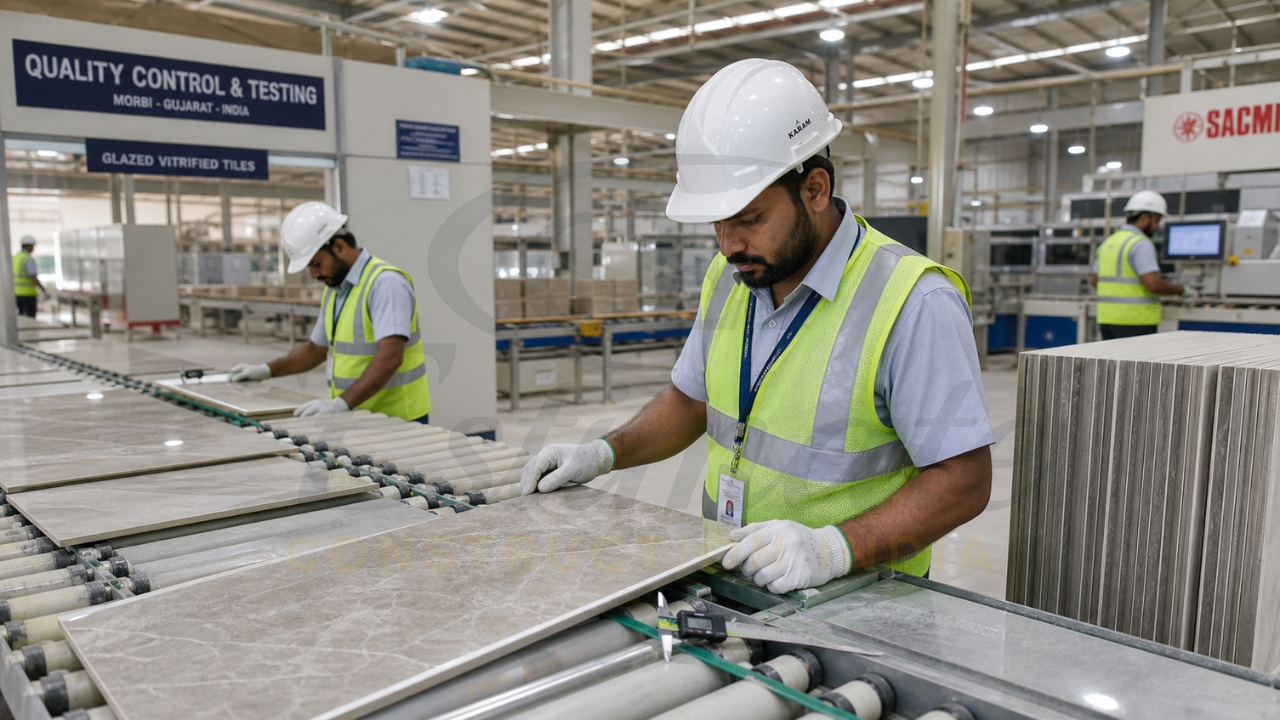 Quality inspection and testing of ceramic and porcelain tiles at Morbi Gujarat manufacturing unit