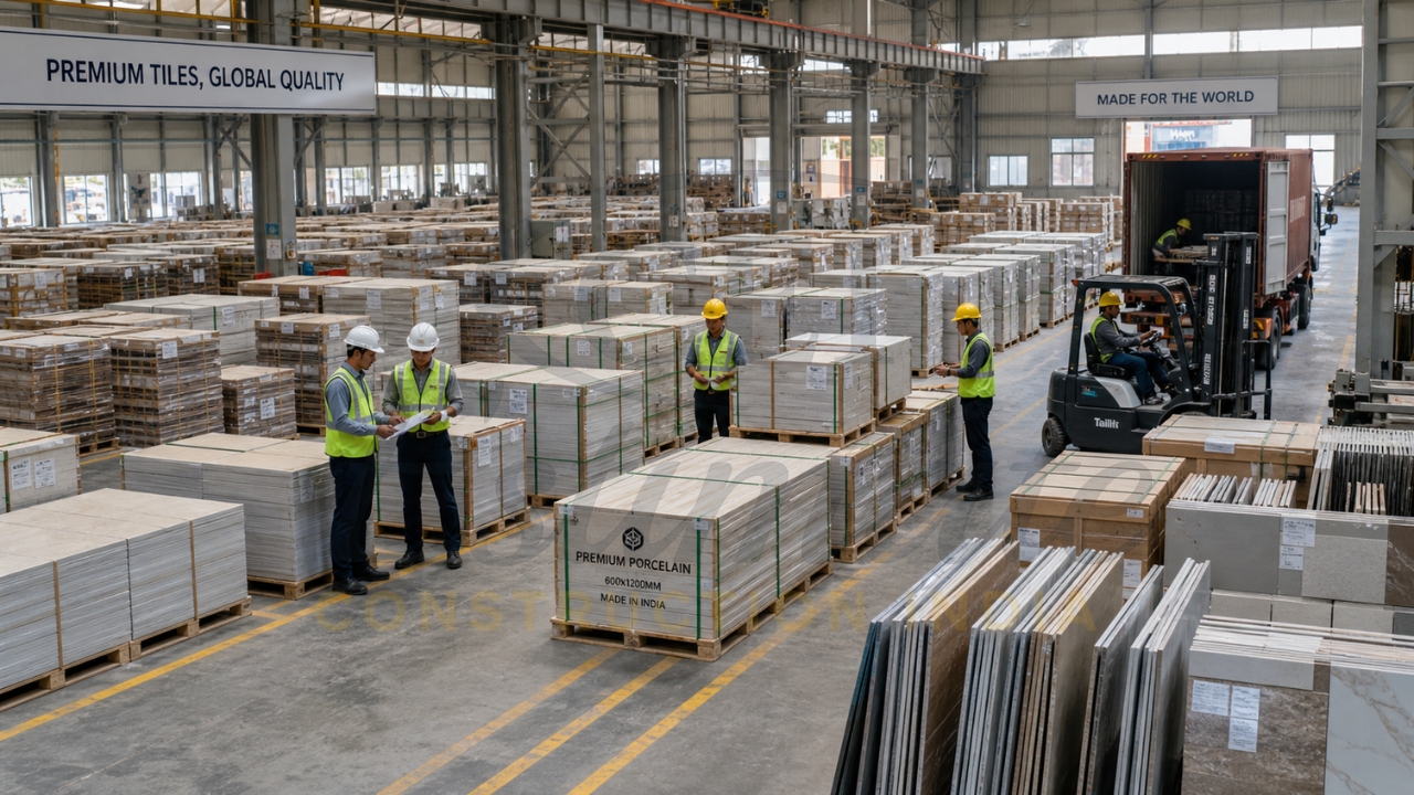 Large stacks of premium porcelain tiles ready for factory direct export