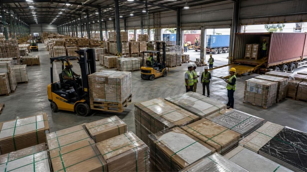 Tiles warehouse in India with forklift loading pallets and workers managing bulk export shipments to Mexico