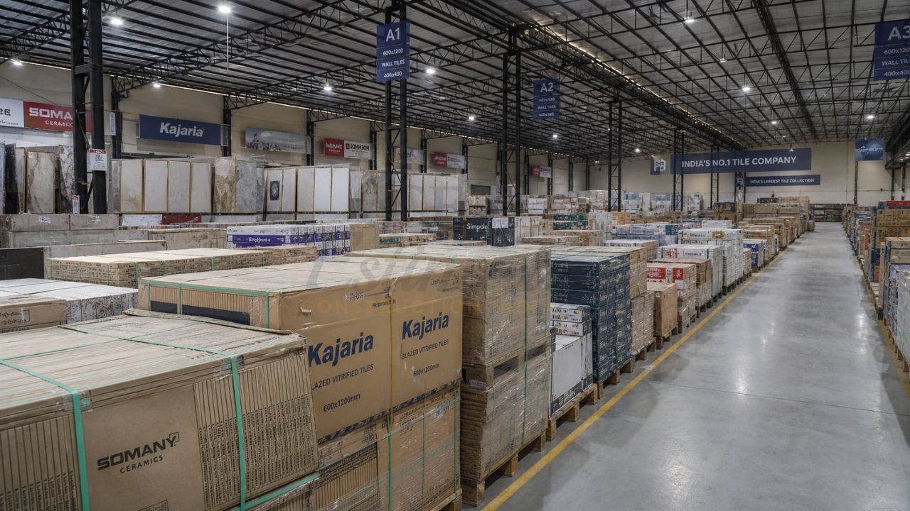 Ceramic tiles warehouse India with bulk packaging of Kajaria and Somany tiles ready for wholesale export to Saudi Arabia
