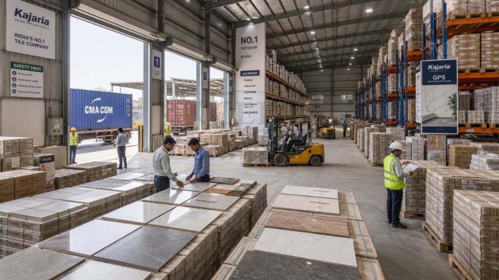 Tiles warehouse in India with workers inspecting ceramic tiles and forklift loading pallets for wholesale export to Australia
